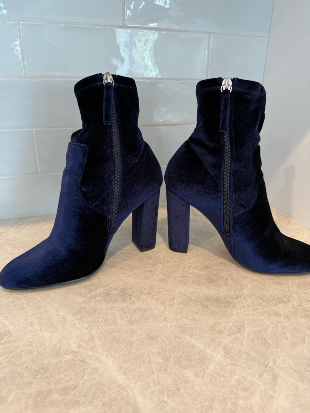 Steve Madden Navy Velvet Block Heel Ankle Boots